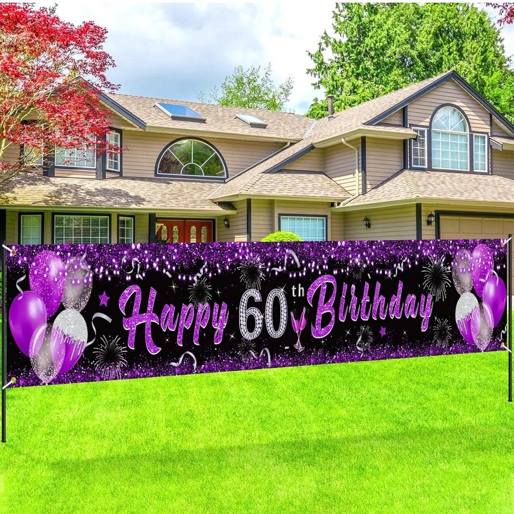 60th Birthday Banner Backdrop Purple Silver Balloons Party Decoration 118 in